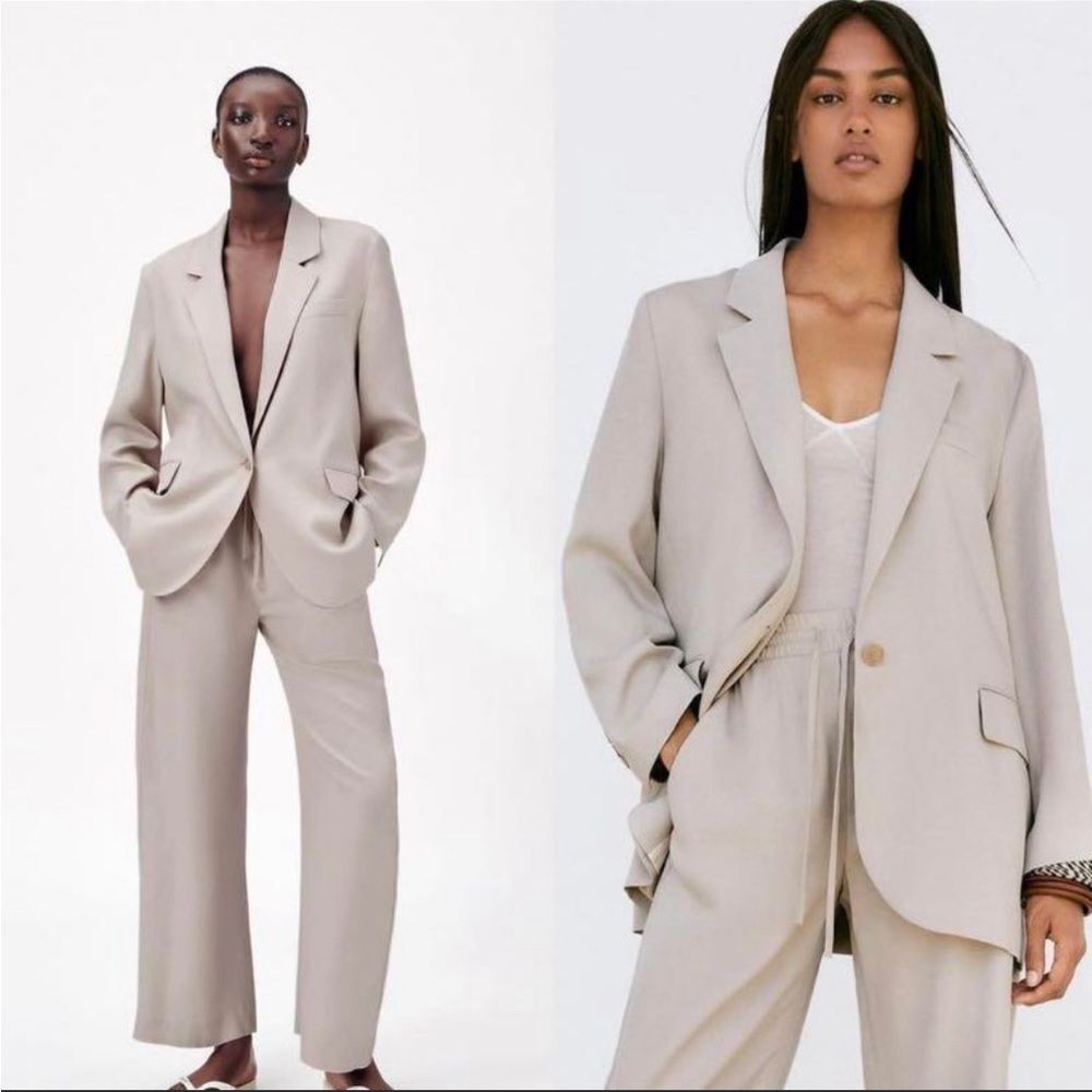 ZARA NEW Women's Size Beige One-Buttoned Long Sleeve Oversized Blazer Jacket Tan